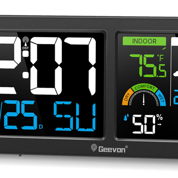 Geevon Weather Station Wireless Indoor Outdoor Thermometer with Atomic Clock, HD Color Display Digital Temperature Humidity Monitor with Barometer, Comfort Indicator, and Adjustable Backlight