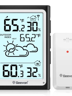 Geevon Large Display Digital Indoor Outdoor Thermometer Hygrometer, Wireless Indoor Outdoor Thermohygrometers, Wireless Weather Station with 200ft/60m Range Sensors, Black