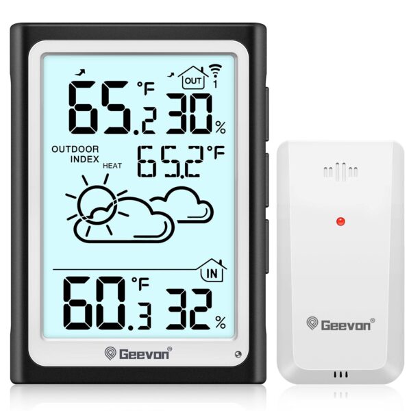 Geevon Large Display Digital Indoor Outdoor Thermometer Hygrometer, Wireless Indoor Outdoor Thermohygrometers, Wireless Weather Station with 200ft/60m Range Sensors, Black