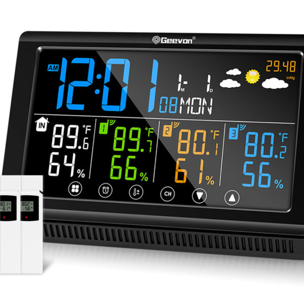 Geevon Weather Station Wireless Indoor Outdoor Thermometer 3 Sensors, Color Display Digital Temperature Humidity Monitor with Barometer, Calendar, USB Charge and Adjustable Backlight(350°View Angle)