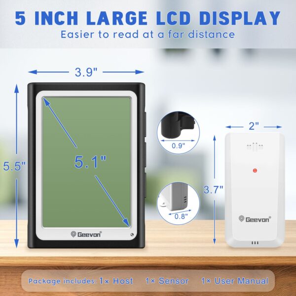 Geevon Large Display Digital Indoor Outdoor Thermometer Hygrometer, Wireless Indoor Outdoor Thermohygrometers, Wireless Weather Station with 200ft/60m Range Sensors, Black