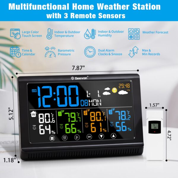 Geevon Weather Station Wireless Indoor Outdoor Thermometer 3 Sensors, Color Display Digital Temperature Humidity Monitor with Barometer, Calendar, USB Charge and Adjustable Backlight(350°View Angle)