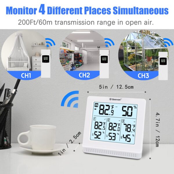 Geevon Indoor Outdoor Thermometer Wireless with 3 Remote Sensors, Wireless Thermohygrometer, Digital Temperature Humidity Meter with Backlight, 200FT/60M Transmission