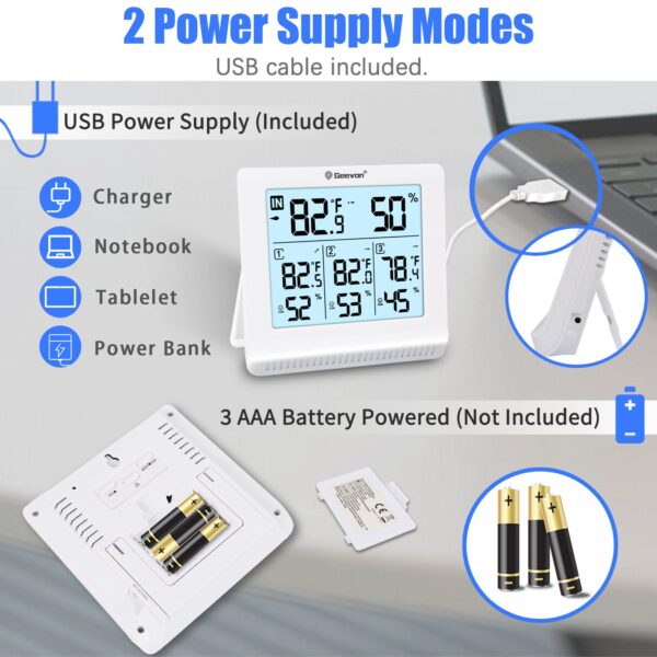 Geevon Indoor Outdoor Thermometer Wireless with 3 Remote Sensors, Wireless Thermohygrometer, Digital Temperature Humidity Meter with Backlight, 200FT/60M Transmission