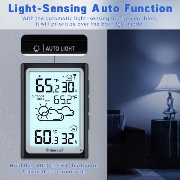 Geevon Large Display Digital Indoor Outdoor Thermometer Hygrometer, Wireless Indoor Outdoor Thermohygrometers, Wireless Weather Station with 200ft/60m Range Sensors, Black