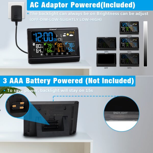 Geevon Weather Station Wireless Indoor Outdoor Thermometer 3 Sensors, Color Display Digital Temperature Humidity Monitor with Barometer, Calendar, USB Charge and Adjustable Backlight(350°View Angle)