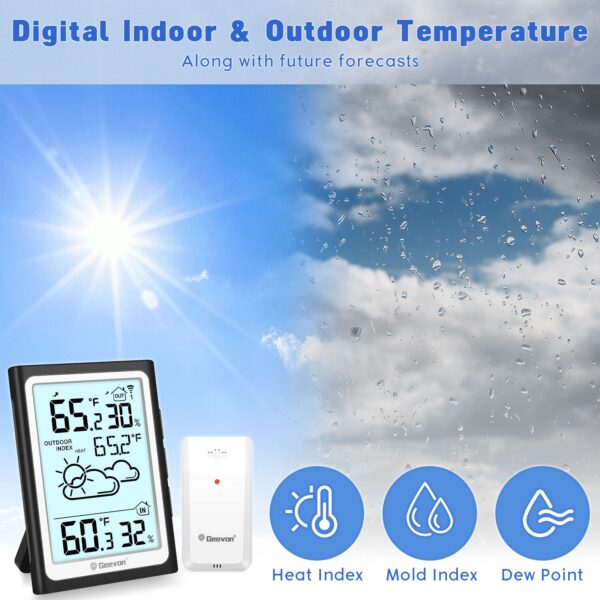 Geevon Large Display Digital Indoor Outdoor Thermometer Hygrometer, Wireless Indoor Outdoor Thermohygrometers, Wireless Weather Station with 200ft/60m Range Sensors, Black