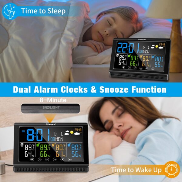 Geevon Weather Station Wireless Indoor Outdoor Thermometer 3 Sensors, Color Display Digital Temperature Humidity Monitor with Barometer, Calendar, USB Charge and Adjustable Backlight(350°View Angle)