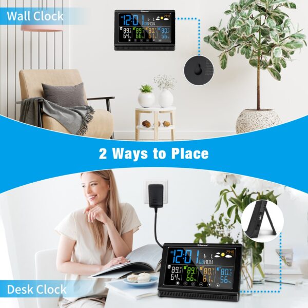 Geevon Weather Station Wireless Indoor Outdoor Thermometer 3 Sensors, Color Display Digital Temperature Humidity Monitor with Barometer, Calendar, USB Charge and Adjustable Backlight(350°View Angle)