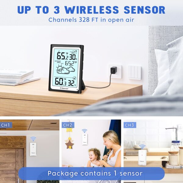 Geevon Large Display Digital Indoor Outdoor Thermometer Hygrometer, Wireless Indoor Outdoor Thermohygrometers, Wireless Weather Station with 200ft/60m Range Sensors, Black