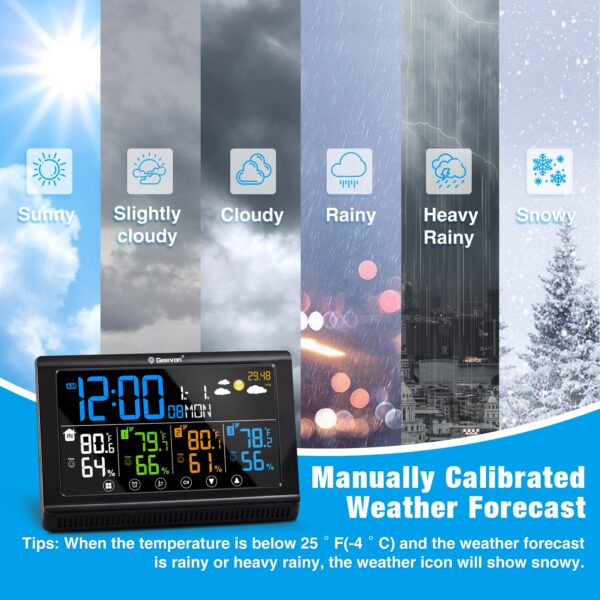 Geevon Weather Station Wireless Indoor Outdoor Thermometer 3 Sensors, Color Display Digital Temperature Humidity Monitor with Barometer, Calendar, USB Charge and Adjustable Backlight(350°View Angle)