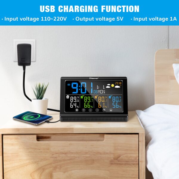 Geevon Weather Station Wireless Indoor Outdoor Thermometer 3 Sensors, Color Display Digital Temperature Humidity Monitor with Barometer, Calendar, USB Charge and Adjustable Backlight(350°View Angle)