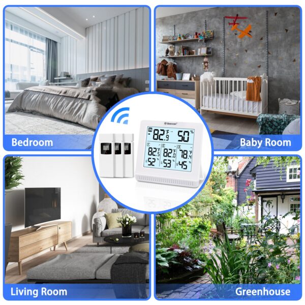 Geevon Indoor Outdoor Thermometer Wireless with 3 Remote Sensors, Wireless Thermohygrometer, Digital Temperature Humidity Meter with Backlight, 200FT/60M Transmission